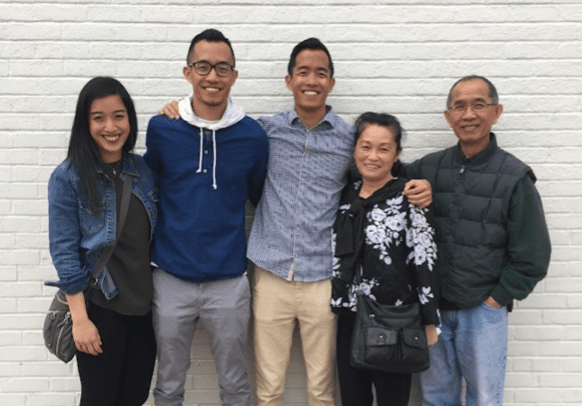 Photo shows Laura Houcque, on the left, with her younger twin brothers, her father, and her mother.