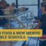 Photo shows an image of food services staff serving and receiving food at the cafeteria line during their training this summer at Noble Schools. On top of the image, there is blue text on a yellow background that reads "Fresh Food and New Menus at Noble Schools". The Noble Schools logo is in the bottom right corner.