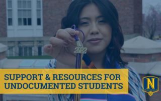 Graphic shows a photo of a Noble Schools alum, holding up their college graduation tassel for 2022. It is underneath a blue transparent overlay. On top, there is blue text on a yellow background that reads "Support and Resources for Undocumented Students". The Noble Schools logo sits in the bottom right corner.