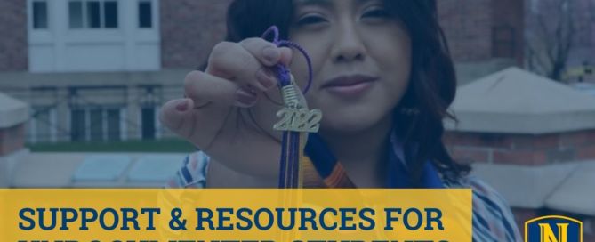 Graphic shows a photo of a Noble Schools alum, holding up their college graduation tassel for 2022. It is underneath a blue transparent overlay. On top, there is blue text on a yellow background that reads "Support and Resources for Undocumented Students". The Noble Schools logo sits in the bottom right corner.