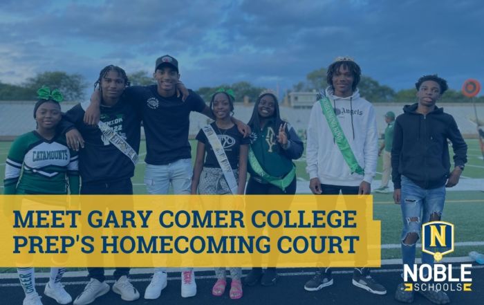 Photo shows six Gary Comer College Prep students who won Homecoming Court this year. They all stand shoulder-to-shoulder on the football field of the Homecoming game in Chicago, IL.