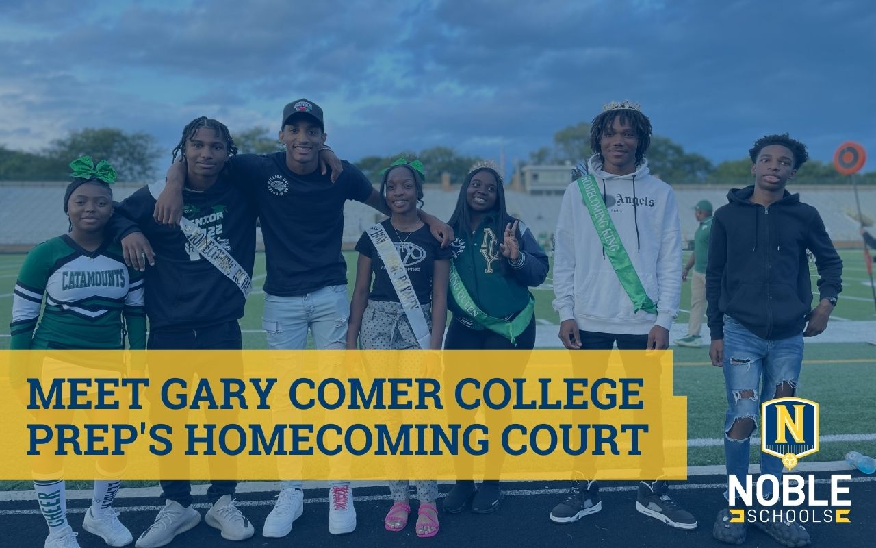 Photo shows six Gary Comer College Prep students who won Homecoming Court this year. They all stand shoulder-to-shoulder on the football field of the Homecoming game in Chicago, IL.