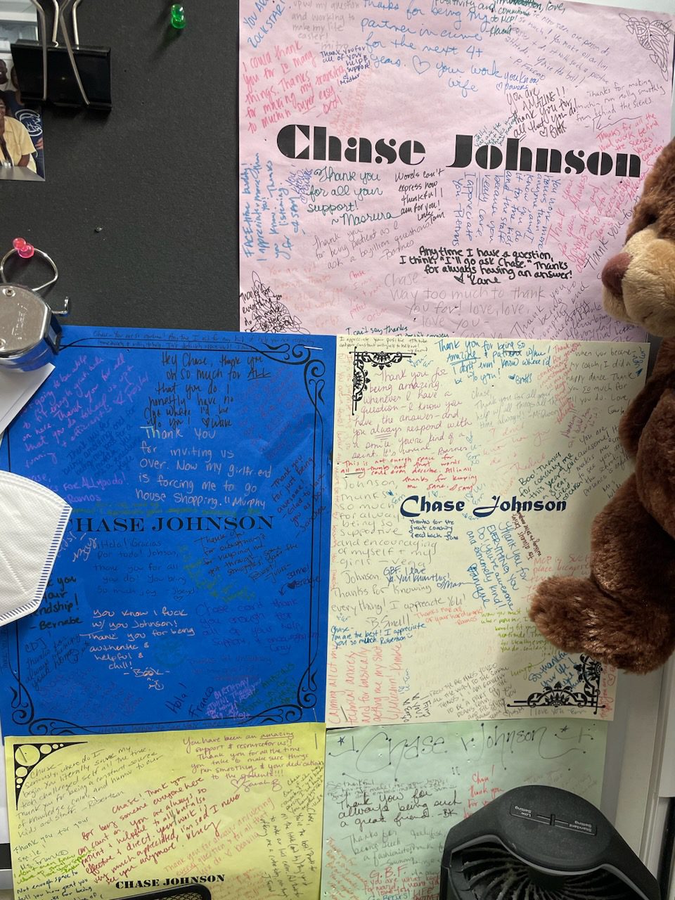 Image shows many gratitude cards with several messages for Muchin College Prep principal Chase Johnson