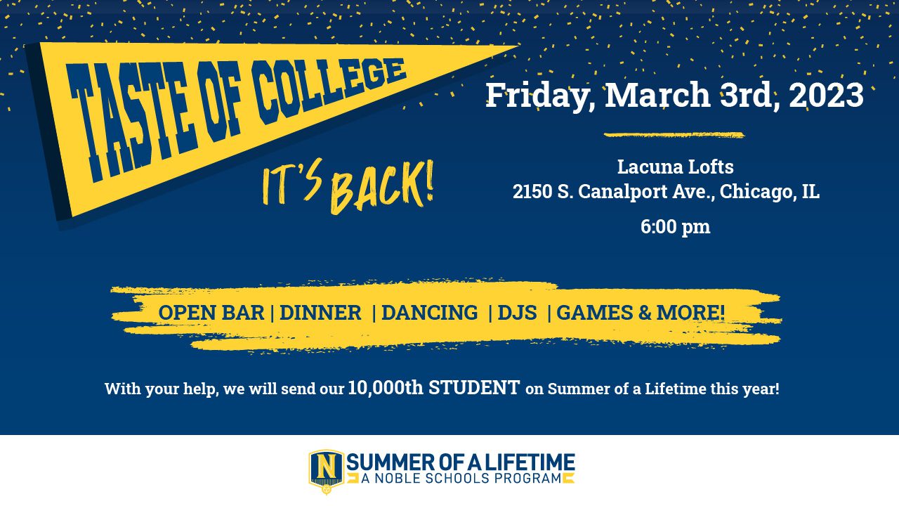 Graphic has a big yellow college pendant in the top left corner that reads “Taste of College” in a dark blue font color. In the top right corner, there is white text with the date for the event: “Friday, March 3rd, 2023”. Underneath that is a yellow line and then white text with the location and time for the event: “Lacuna Lofts, 2150 S. Canalport Ave, Chicago, IL, 6 pm”. At the bottom, there is a grungy spraypaint-styled yellow box that has dark blue text on top of it that reads “Open bar, dinner, dancing, DJs, games and more!”. Underneath that, there is white text that reads “With your help, we will send our 10,000th student on Summer of A Liftetime this year!”. The background is a dark blue gradient with yellow confetti raining down from the top.