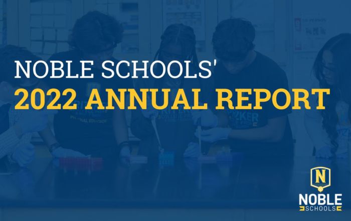 Graphic has a background image of 5 Pritzker College Prep students completing a science lab. On top of that is a dark blue transparent layer. On top of that, in the middle, there is text in white and then yellow that reads "Noble Schools' 2022 Annual Report". The Noble Schools logo is in the bottom right corner.