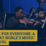 Students performing at their orchestra performance. Students are reading off the notes on their stand. Students are holding their violin. The students are wearing a black long sleeve button up shirt. The background is navy blue. The title of the post, located on the left side of the image, says "Music For Everyone: A Look at Noble's Music Festival" in blue text over a yellow bordering. The Noble logo is on the lower right hand side of the image.