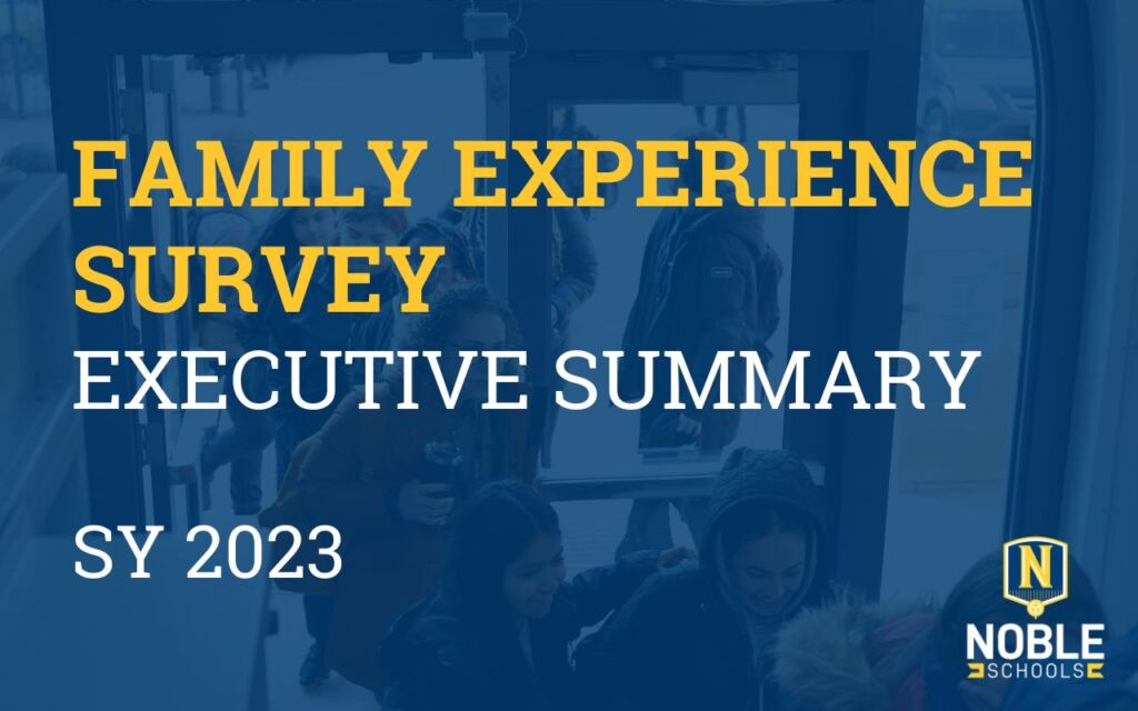 This graphic has a photo in the background of students, staff, and parents entering the front doors of a Noble campus. On top of the photo is a dark blue transparent layer. On top of that layer is yellow and white text that reads "Family Experience Survey Executive Summary, School Year 2023". The Noble Schools logo is in the bottom right corner.