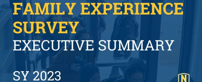 This graphic has a photo in the background of students, staff, and parents entering the front doors of a Noble campus. On top of the photo is a dark blue transparent layer. On top of that layer is yellow and white text that reads "Family Experience Survey Executive Summary, School Year 2023". The Noble Schools logo is in the bottom right corner.