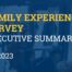 This graphic has a photo in the background of students, staff, and parents entering the front doors of a Noble campus. On top of the photo is a dark blue transparent layer. On top of that layer is yellow and white text that reads "Family Experience Survey Executive Summary, School Year 2023". The Noble Schools logo is in the bottom right corner.