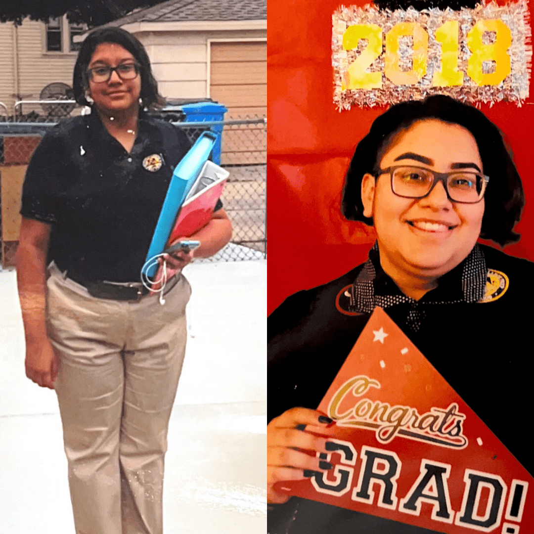 2 photos side by side. The first photo is Julien on their first day at Chicago Bulls. They are wearing navy blue button up CBCP shirt with baggy khaki pants with dress shoes. They are holding their binder and headphones. The second photo is Julien in their graduation grown. They are holding a sign that says "Congrats Grad!" Above their head is 2018 in golden text and golden decor.