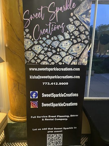 Contact info for Sweet Sparkle Creations. Surrounded by diamonds, the name of the business is present. Below, it states "www.sweetsparklecreations.com" below has the contact email "kisha@sweetsparklecreations.com" The number states "773-412-9909" The Facebook account and Instagram account is the same handle of the business name. Below it states "Full service event planning, decor, & rental company."