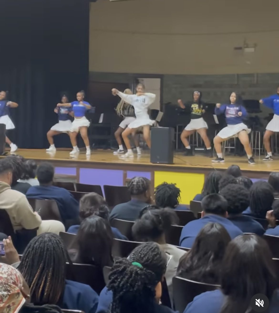 The dance performing at Baker's town hall. The students are in the middle of their dance routine as their on stage. The crowd is filled with students, teachers, and other staff members. The dancers are wearing a gray skirt with different graphic sweaters on. The graphics on the sweaters aren't readable.