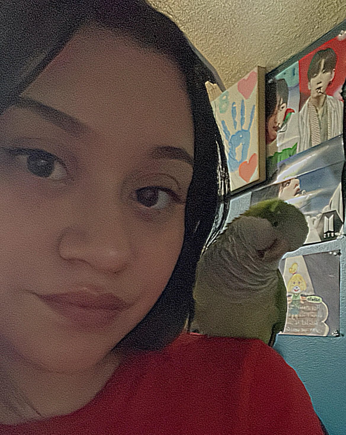 Jasmine is on the left and on her shoulder is her pet, Quaker parrot, Scooby. Scooby is a green, gray parrot. She is wearing a red, Chicago Bulls College Prep shirt. She is smiling at the camera. Scooby is also posing at the camera.