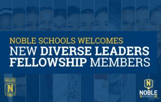 In this graphic, there is a background image that shows the headshots of the 12 new members of the Diverse Leaders Fellowship program at Noble Schools. On top of that is a slightly transparent dark blue layer that obscures the images heavily. On top of that layer is yellow and white text that reads "Noble Schools Welcomes New Diverse Leaders Members". In the bottom left corner is the Diverse Leaders Fellowship logo. In the bottom right corner is the Noble Schools logo. Both use the iconic Noble shield.