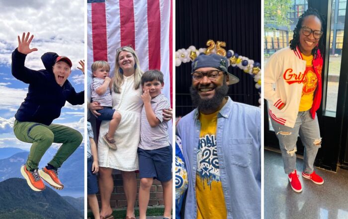 A collage of four images that show the principals of Noble Street College Prep, Pritzker College Prep, UIC College Prep, and The Noble Academy. They are all with loved ones or doing fun activities or dressed up in Noble gear.