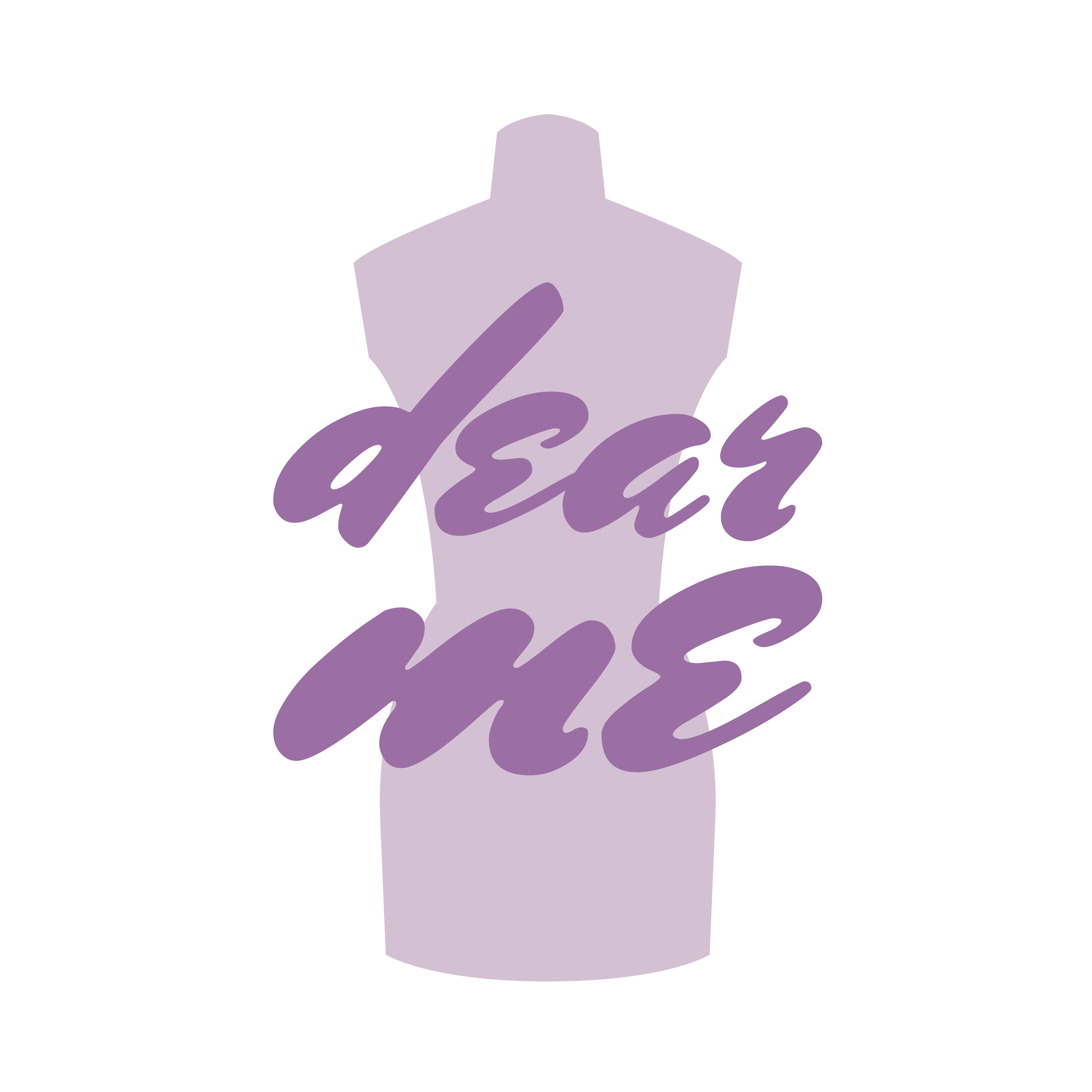 Photo shows the logo for Dear Me fashion boutique. It is a light purple mannequin shape with the words "Dear Me" imposed on top of the shape in a dark purple, heavy script font.