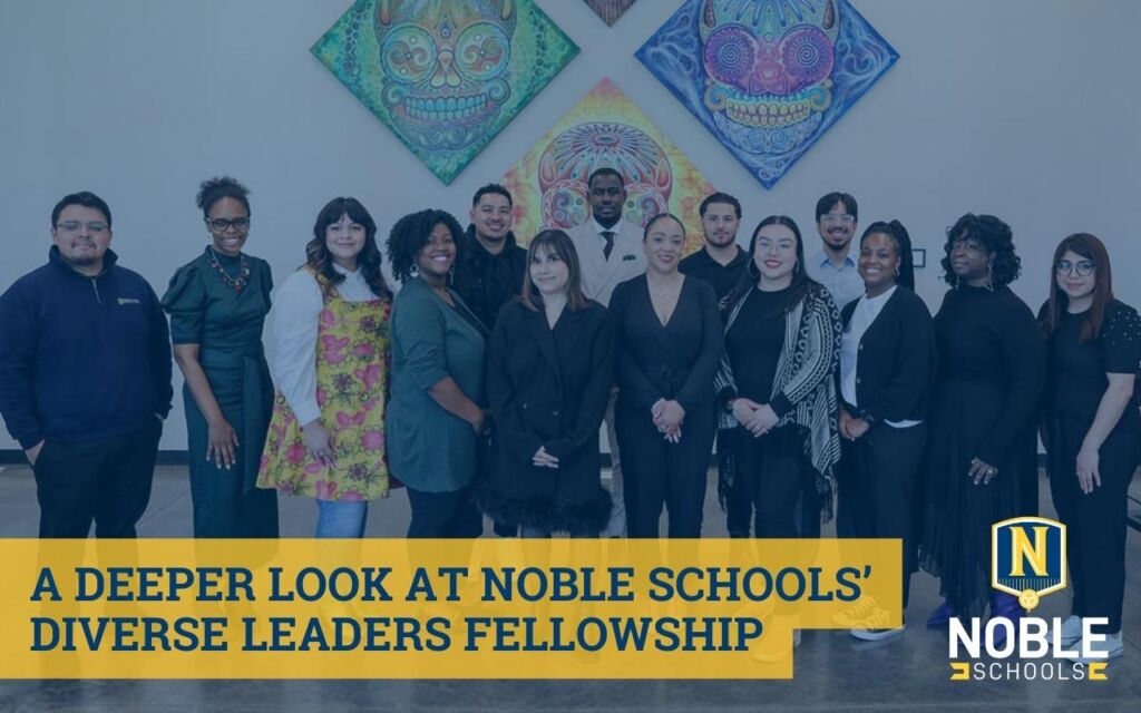 In this graphic, there is an image in the background of the 5th cohort of Noble Schools' Diverse Leaders Fellowship program posing for a group photo after their graduation ceremony. On top of that photo is a dark blue transparent layer. On top of that and in the bottom left corner is a yellow box with blue text on it that reads "A Deeper Look at Noble Schools' Diverse Leaders Fellowship". The Noble Schools logo is in the bottom right corner.