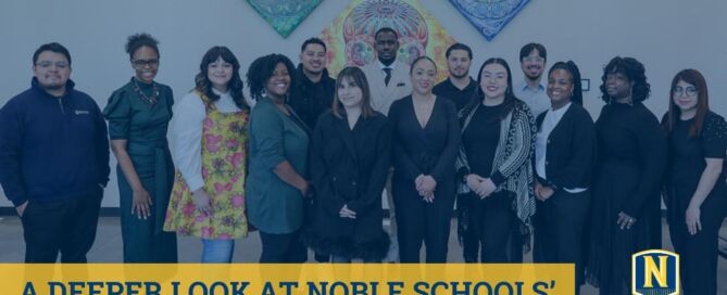 In this graphic, there is an image in the background of the 5th cohort of Noble Schools' Diverse Leaders Fellowship program posing for a group photo after their graduation ceremony. On top of that photo is a dark blue transparent layer. On top of that and in the bottom left corner is a yellow box with blue text on it that reads "A Deeper Look at Noble Schools' Diverse Leaders Fellowship". The Noble Schools logo is in the bottom right corner.