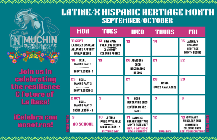 Latine/X Hispanic Heritage Month event calendar. The calendar is decorated with flowers, patterns, and bright colors.