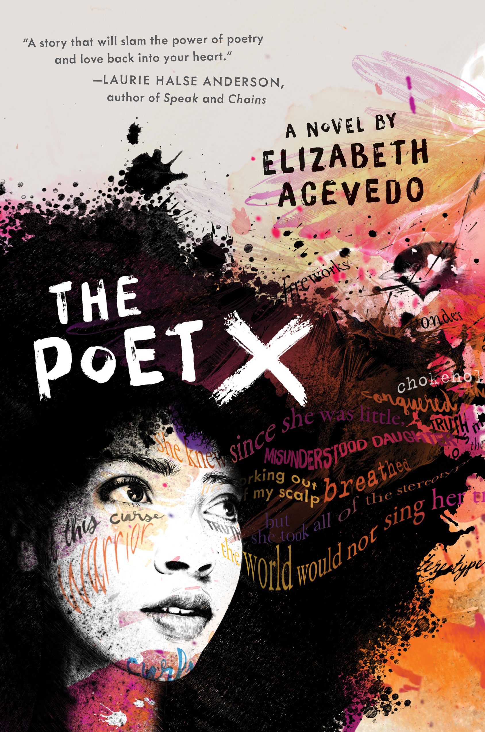 The book 'The poet x' by Elizabeth Acevedo, a woman with an afro on the cover