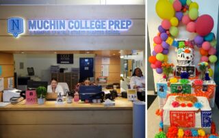 There are two images in this photo collage. The larger photo on the left is a shot of Muchin College Prep's front desk. The smaller photo on the right is a shot of Muchin's colorful Dia de los Muertos ofrenda for the 2023 school year.