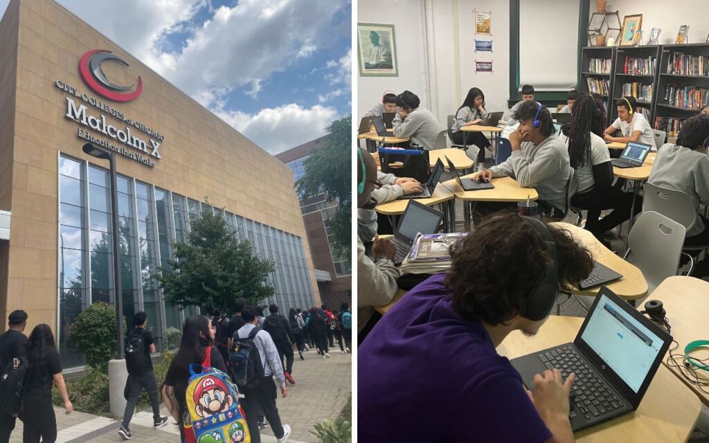 This image is a collage of two different photos. On the left side, you can see Chicago Bulls College Prep students walking to class at Malcolm X College. On the right, you can see Golder College Prep students reviewing college class lecture materials on their laptops in a classroom.