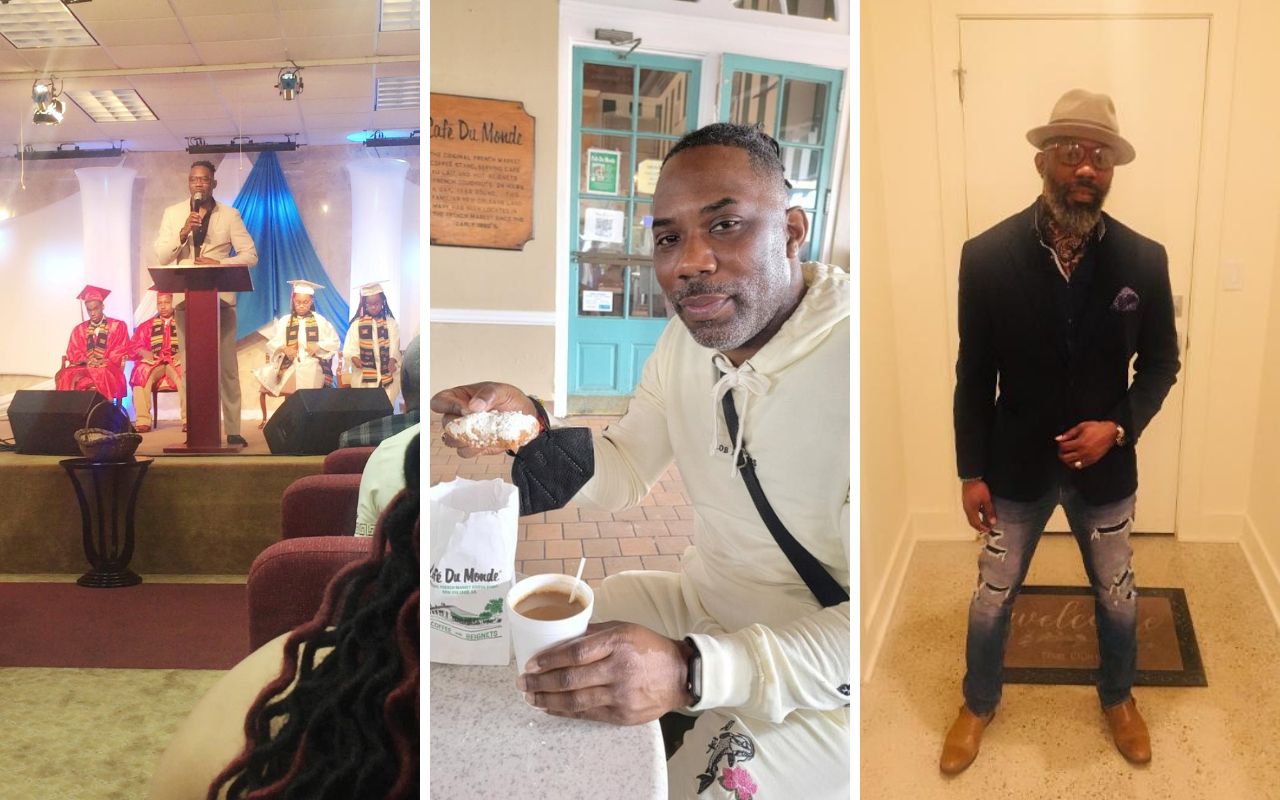 Shows a collage of three different pictures of Carlos Duncan, a computer science teacher at Butler College Prep. The leftmost photo shows him speaking at a graduation. The middle photo shows him at Cafe Du Monte in New Orleans, eating beignets. The rightmost photo shows him dressed up nicely in a fedora, blazer, and jeans.