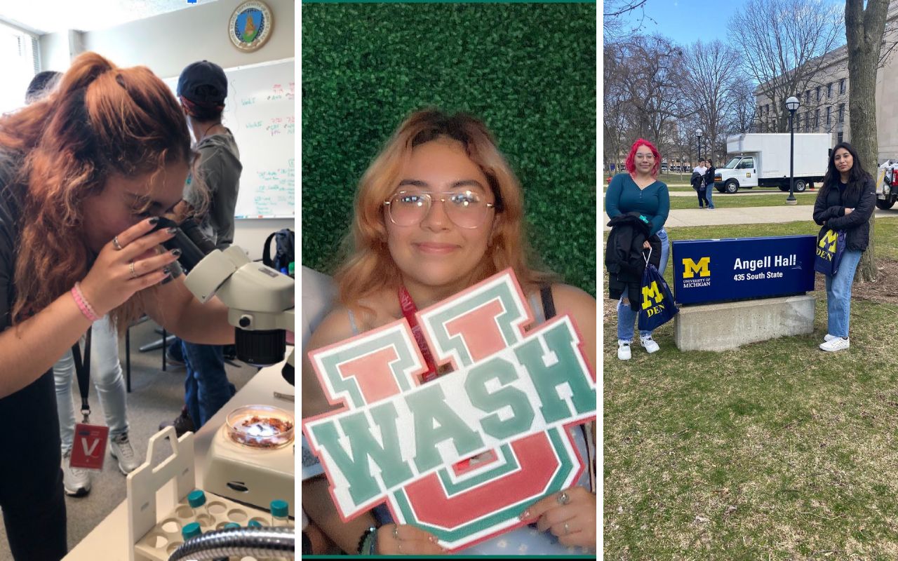 This photo is a collage of three different images featuring Harumi Palomino, a student at The Noble Academy. In the leftmost image, she is looking through a microscope. In the middle image, she is holding a Washington University sign and smiling. In the rightmost image, she is standing with a friend on the University of Michigan campus.