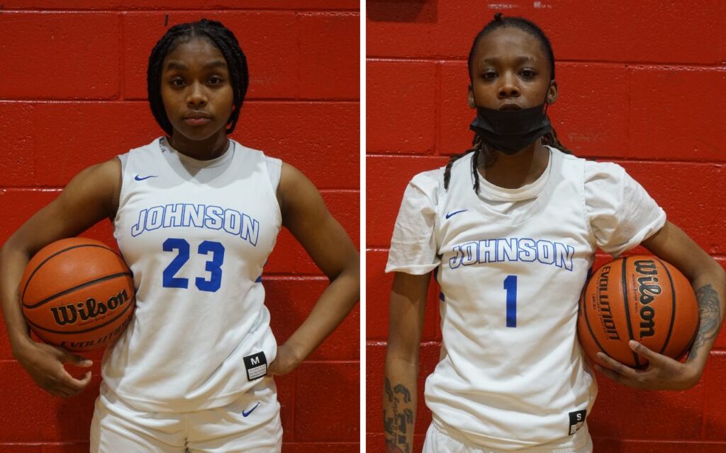 This photo is a collage of two images of two girls' basketball players at Johnson College Prep. They are both in white and blue uniforms and posing with a basketball crooked in their elbow. Le'Andra H is on the left and Destiny T is on the right.