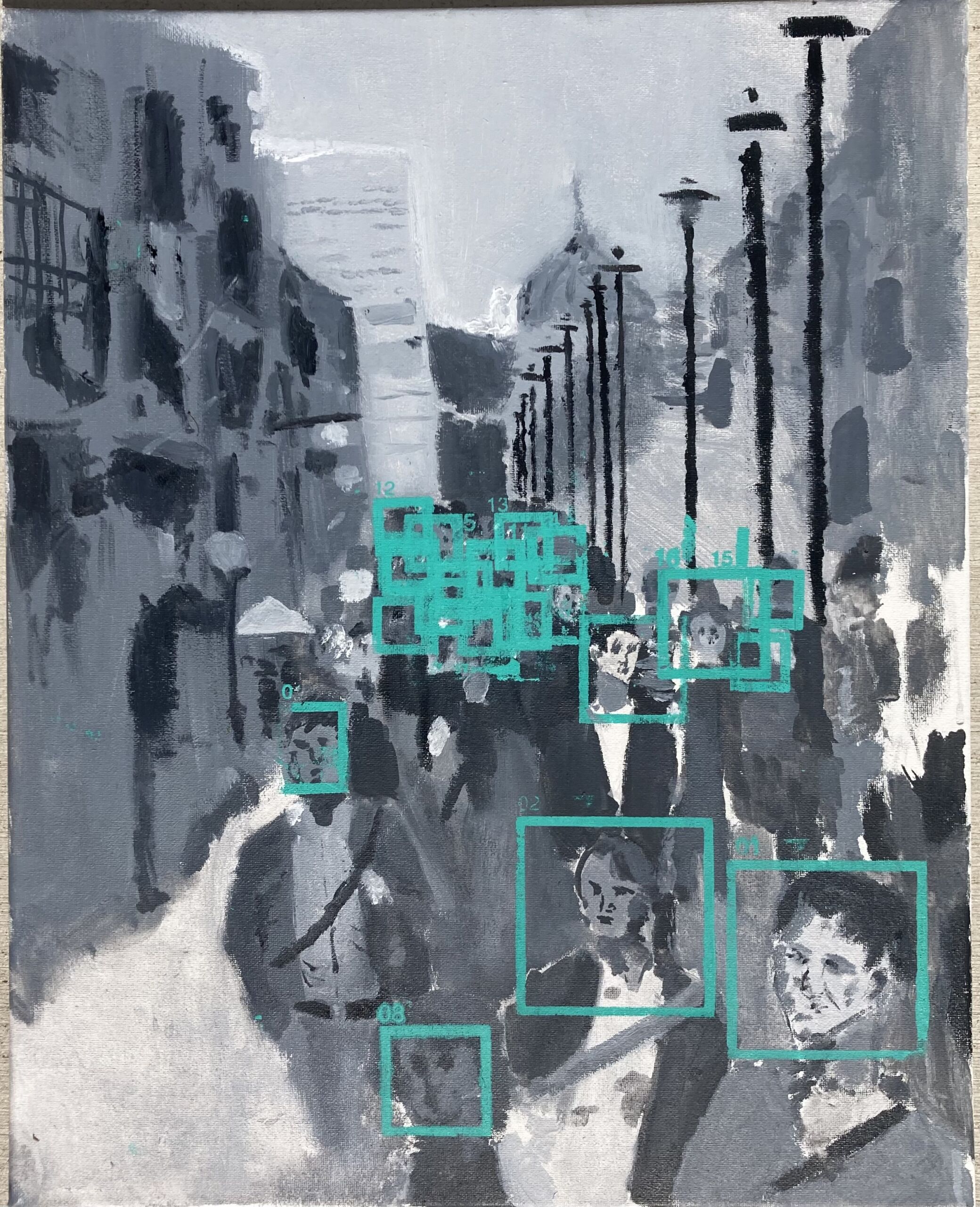 This image shows a black-and-white oil painting of a crowd in the street. On top of several of the faces are bright green screen-printed squares with numbers in the corner -- it look like a facial recognition software is scanning the crowd. This is an art piece by Daniel Salas-Alvarez, a student at Noble Street College Prep.