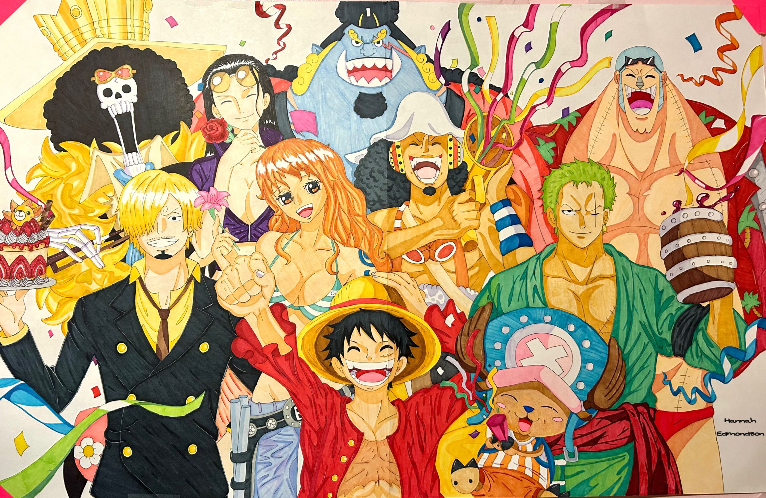 Photo shows a colorful painting with all the characters from the anime One Piece gathered together and smiling. There is confetti popping all around them. This is an art piece by Hannah Edmondson, a student at Hansberry College Prep.