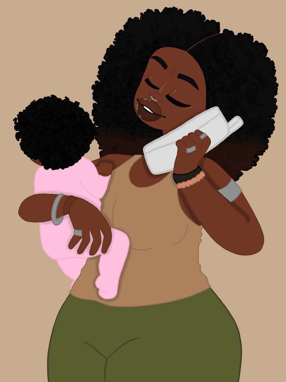 This image shows a colorful digital painting of a Black mom holding her baby while she is talking on an old-school landline phone. Her eyes are closed and she looks peaceful while the baby is faced away from the viewer. This is an art piece done. by Jordan Lowery, a student at Noble Street College Prep.