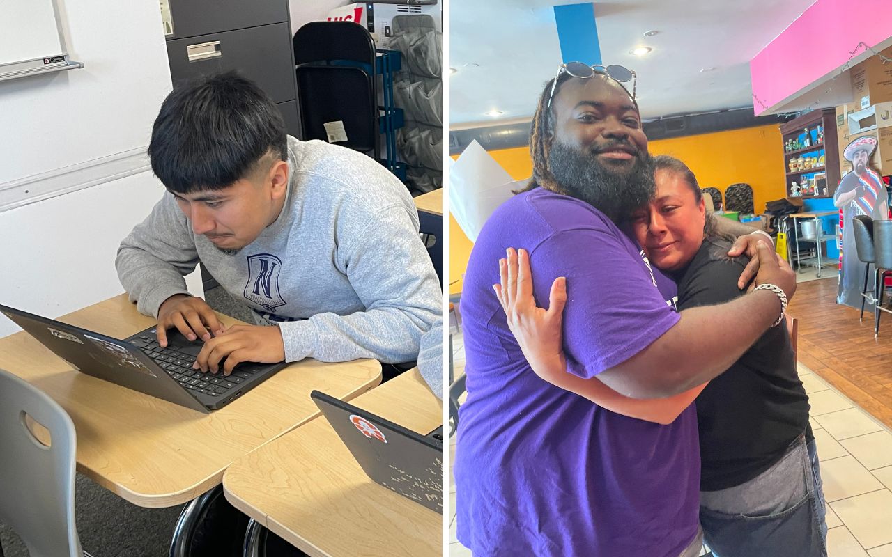 This is a collage of two images. The image on the left is of Fabian Mendia, a student at Golder College Prep, as he is studying on his laptop at a desk. The photo on the right is of Golder's band director, Laurente Oby, and Fabian's mom, Myrna Mendia, hugging in the Mendia family restaurant, El Tezcal.