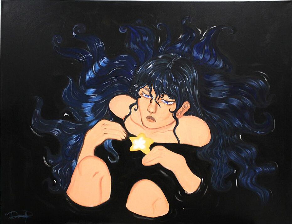 This is a painting of a woman. She is frowning and has a star in the center of her chest. She is wearing all black and has long black/blue hair.