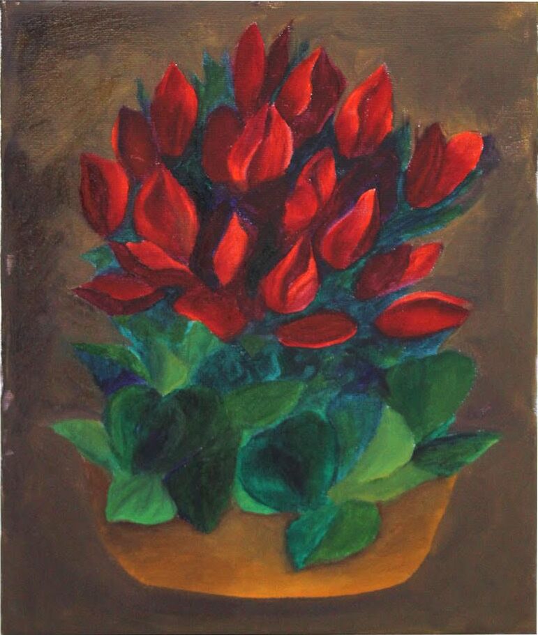 This is a painting of a rose bouquet. The roses are red and sitting in a tan colored pot with a dirt colored background.