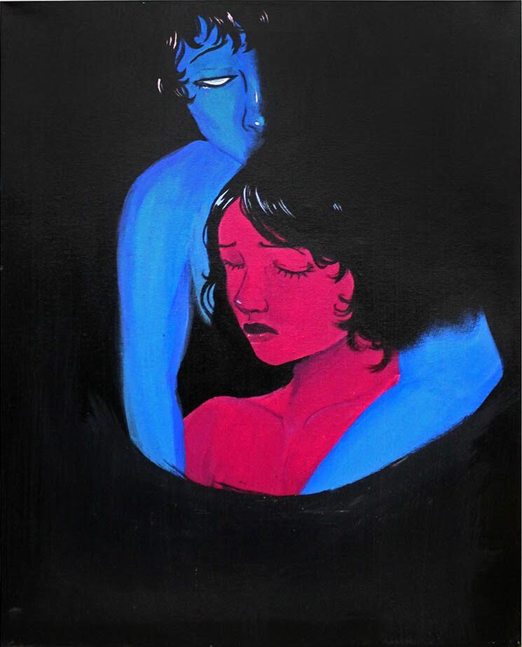 This is a painting. It's black with two ladies hugging. One person is blue and the other is red.