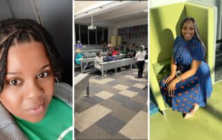 A collage of three images. The right image is a selfie of Gary Comer parent LeKeshia Smith. The middle photo is of a parent advisory council meeting at Gary Comer in a lecture room. The right image is of a parent and staff member Chloe Hassell sitting in big green chair in the Gary Comer front lobby.