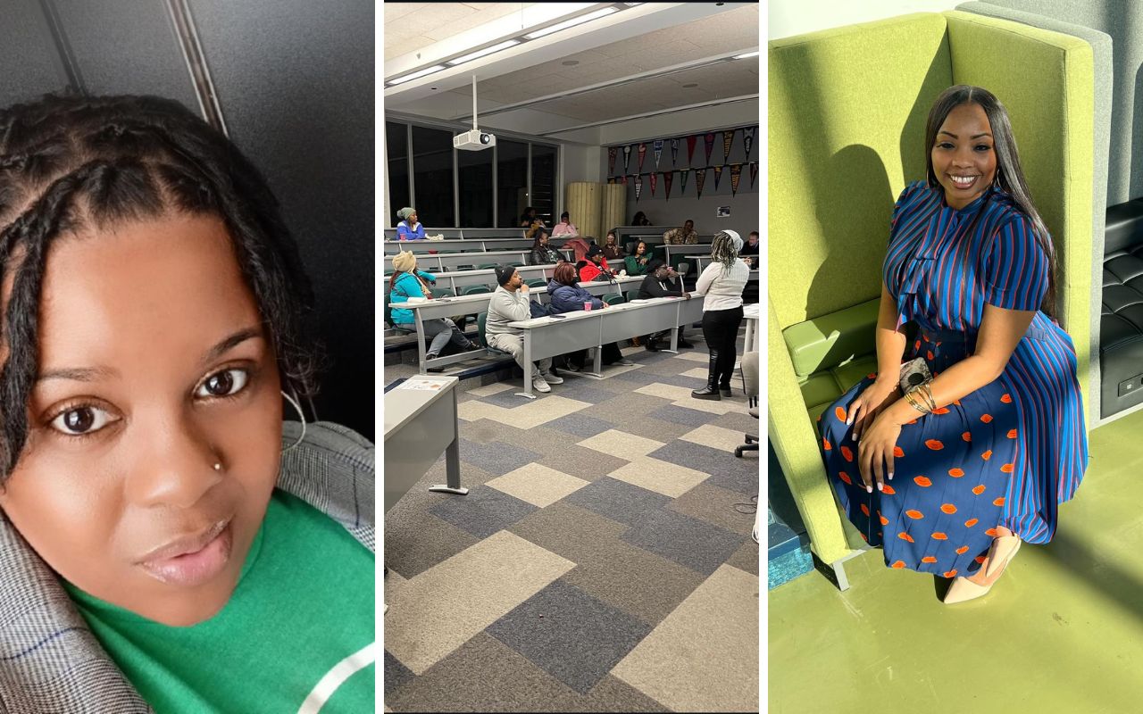 A collage of three images. The right image is a selfie of Gary Comer parent LeKeshia Smith. The middle photo is of a parent advisory council meeting at Gary Comer in a lecture room. The right image is of a parent and staff member Chloe Hassell sitting in big green chair in the Gary Comer front lobby.