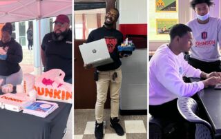 A collage of three images. The left image shows Johnson's dean of culture with a parent, helping pass out donuts and coffee. The middle image shows a culture specialist in front of a classroom door, holding a gift basket from students. The right image shows a culture specialist working with a student.