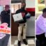 A collage of three images. The left image shows Johnson's dean of culture with a parent, helping pass out donuts and coffee. The middle image shows a culture specialist in front of a classroom door, holding a gift basket from students. The right image shows a culture specialist working with a student.