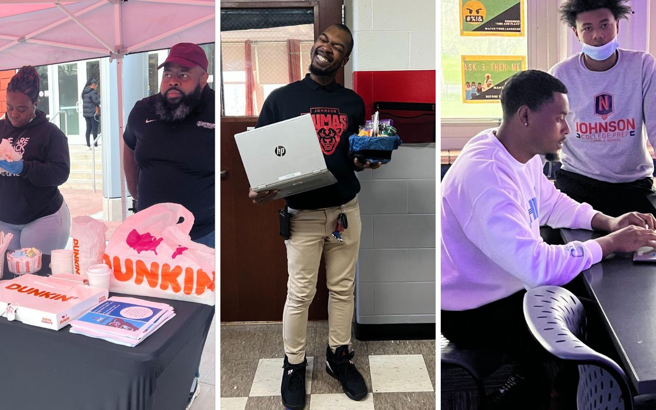 A collage of three images. The left image shows Johnson's dean of culture with a parent, helping pass out donuts and coffee. The middle image shows a culture specialist in front of a classroom door, holding a gift basket from students. The right image shows a culture specialist working with a student.