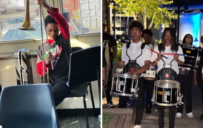 A collage of two photos. The one on the left is of a Johnson College Prep marching band member putting together his trombone. The one on the right is of the whole marching band, walking out with their instruments after a performance.