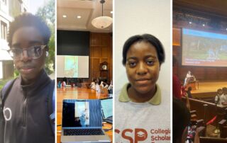 A collage of four images that show two Baker College Prep students, Vanelle and Emmanuel, and a couple photos of their time at Harvard University