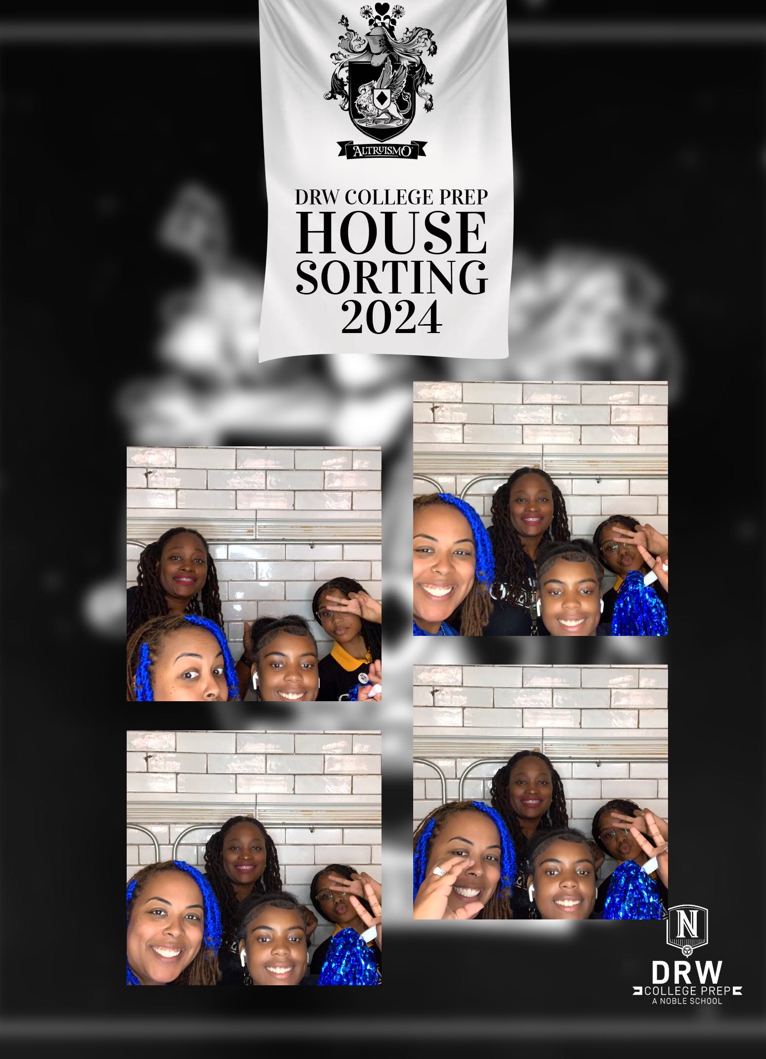 Principal Tina Ellis poses with staff and students in a photobooth for DRW's house sorting day.