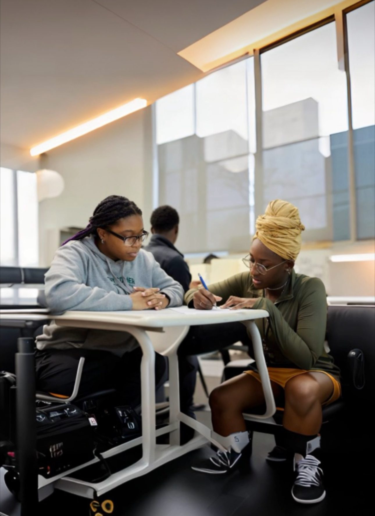 Kahjia receiving help from Ms. Lee during Mandarin class at Gary Comer College Prep. Ms. Lee is kneeling at Kahjia's desk in a bright classroom and writing something on a paper.