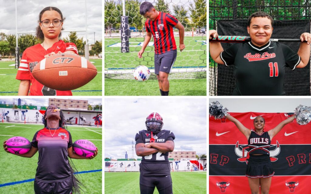 An image collage of six different student-athletes at Chicago Bulls College Prep. They all are in uniform and holding the different equipment of their sports-- from rugby to cheerleading.