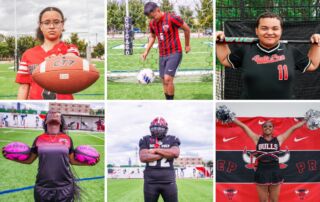 An image collage of six different student-athletes at Chicago Bulls College Prep. They all are in uniform and holding the different equipment of their sports-- from rugby to cheerleading.