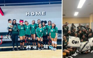 A collage of two images. The image on the left is of the 2024-2025 middle school volleyball team at Gary Comer College Prep. The right image is of the middle school cheer team at Comer.