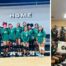 A collage of two images. The image on the left is of the 2024-2025 middle school volleyball team at Gary Comer College Prep. The right image is of the middle school cheer team at Comer.