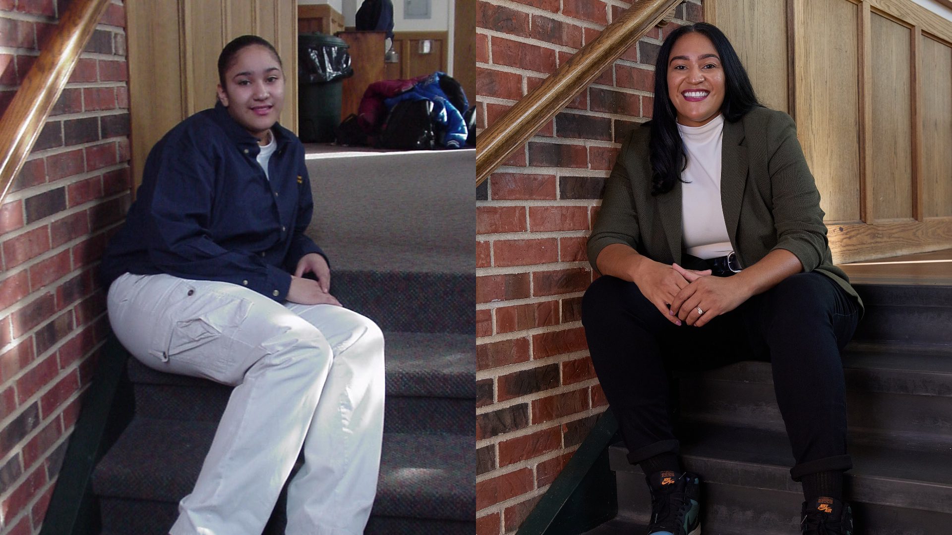 A collage of two images. The one on the left is of a high school-aged Cora with khakis and a dark blue Noble Street polo on. The image on the right is of Cora all grown up now wearing a blazer with jeans.